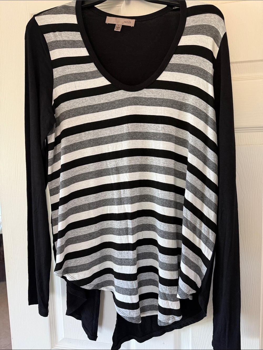 Striped V-Neck Long Sleeve Top in Black, White & Gray